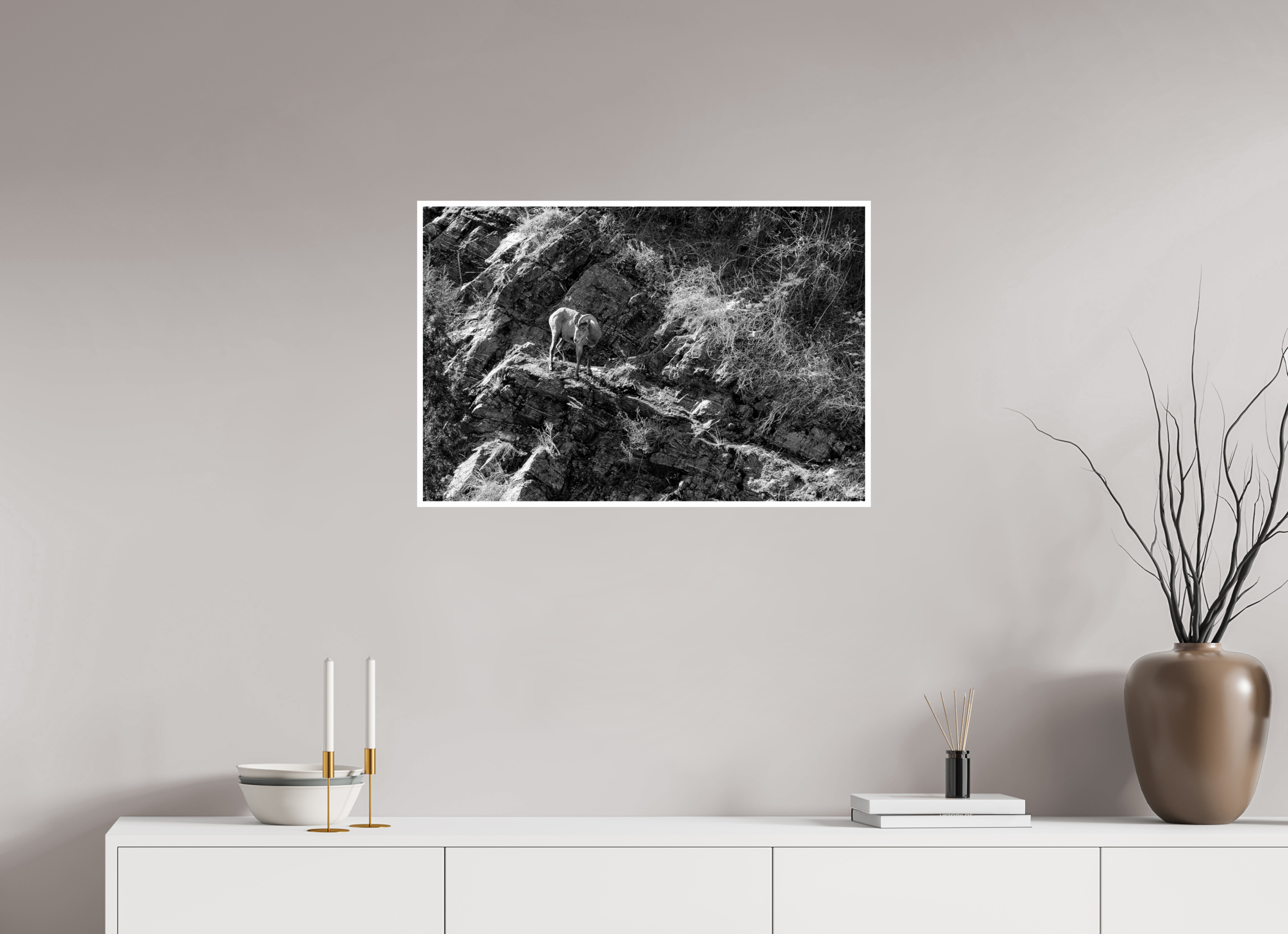 30 x 20″, Ilford Baryta Paper Bighorn sheep on cliff face